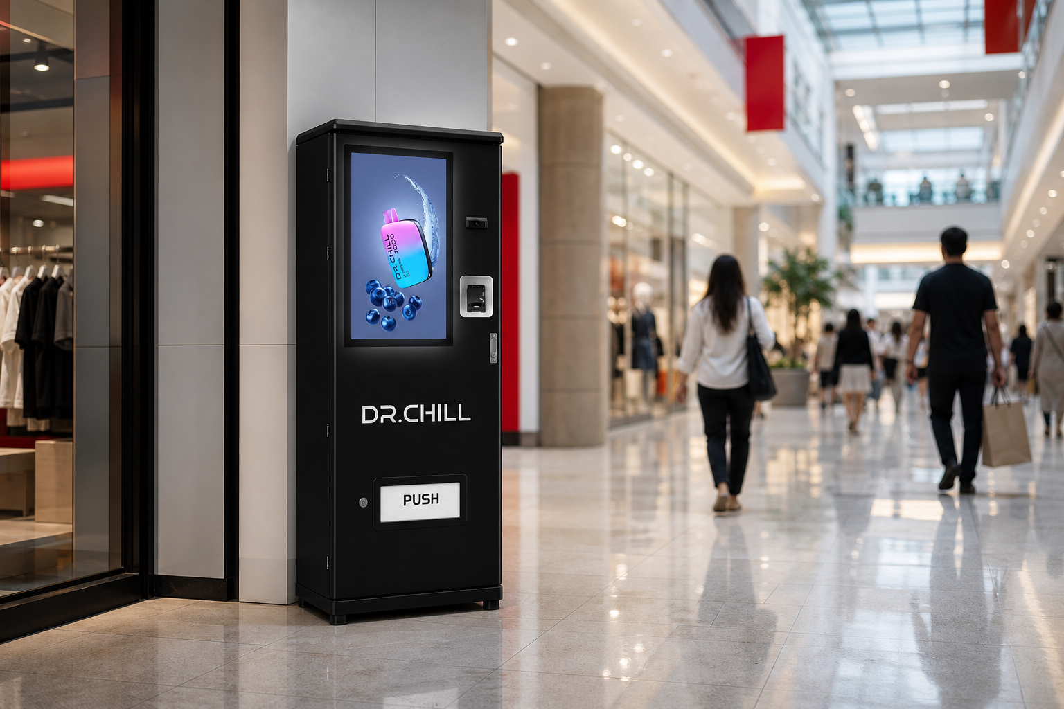 鮮やかに光る大型デジタルサイネージを搭載した DR.CHILL 自動販売機