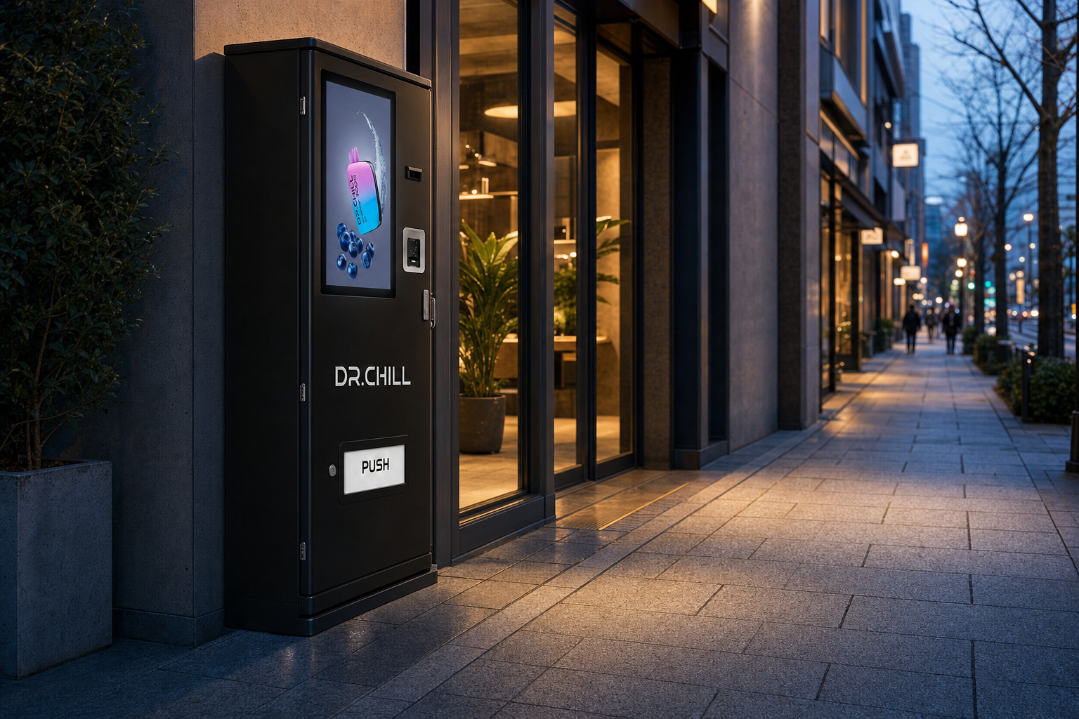 歩道に沿って設置され、通行方向へ正面を向けた DR.CHILL 自動販売機